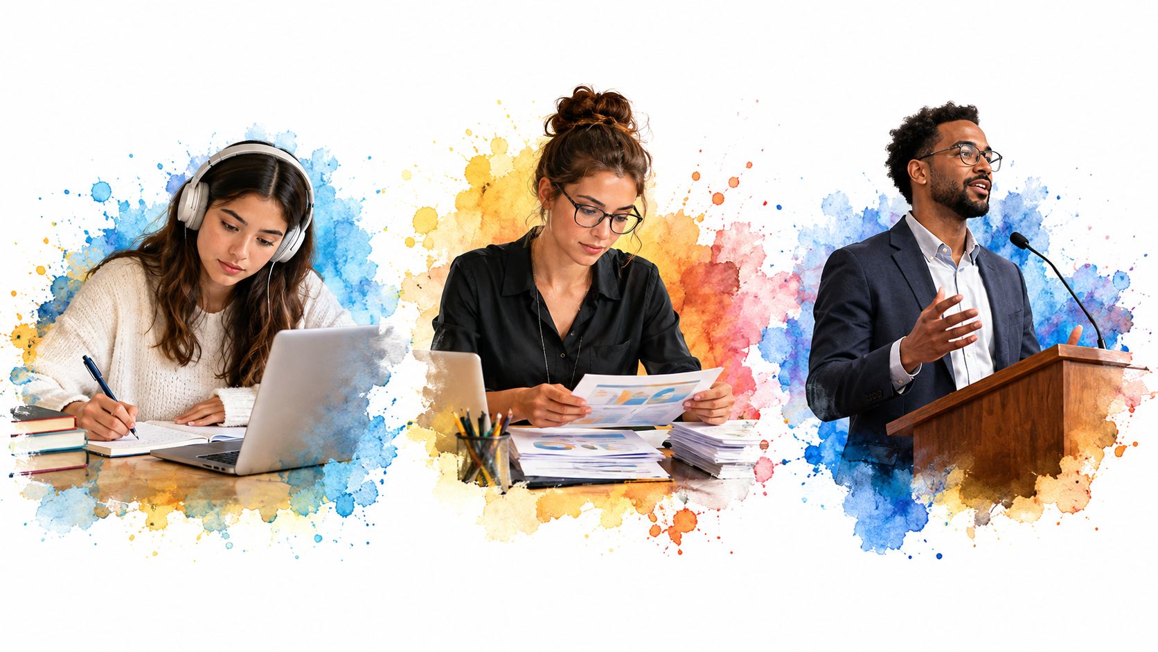 A collage showing a student studying, a professional working with documents, and a man giving a presentation.