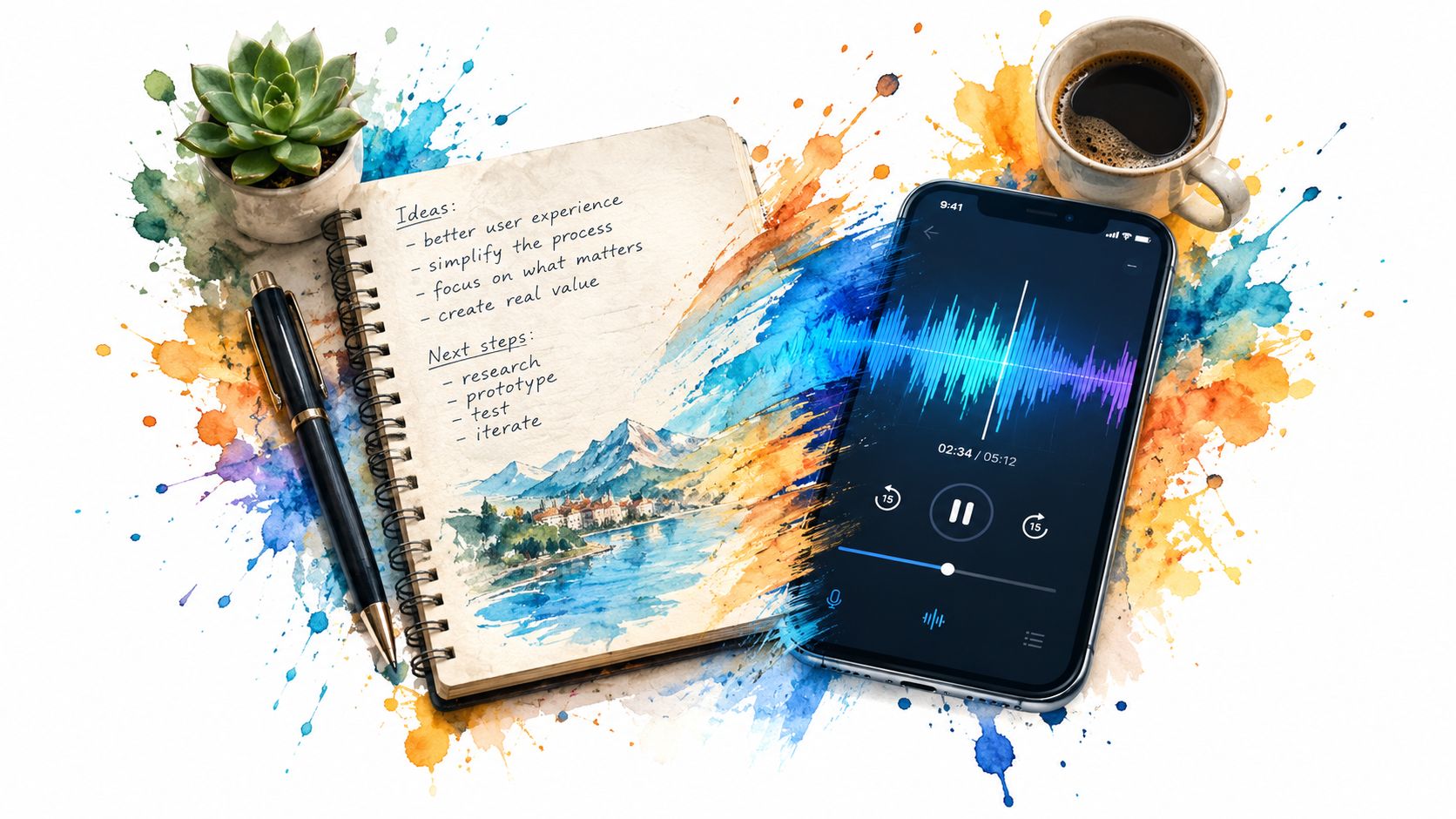A creative workspace featuring a notebook with handwritten notes, a pen, a succulent, coffee, and a smartphone.