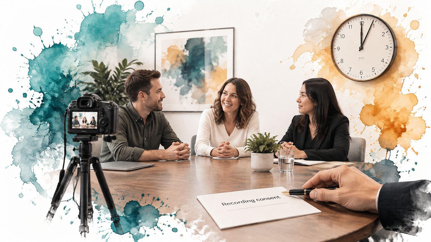 A professional team sits at a meeting table while a camera prepares to record the conversation.
