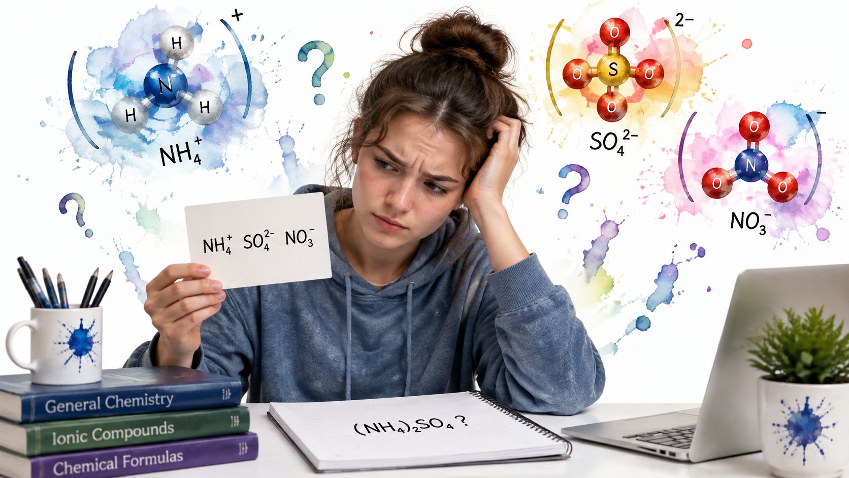 A confused student studying chemistry, holding flashcards of polyatomic ions and questioning chemical formulas.