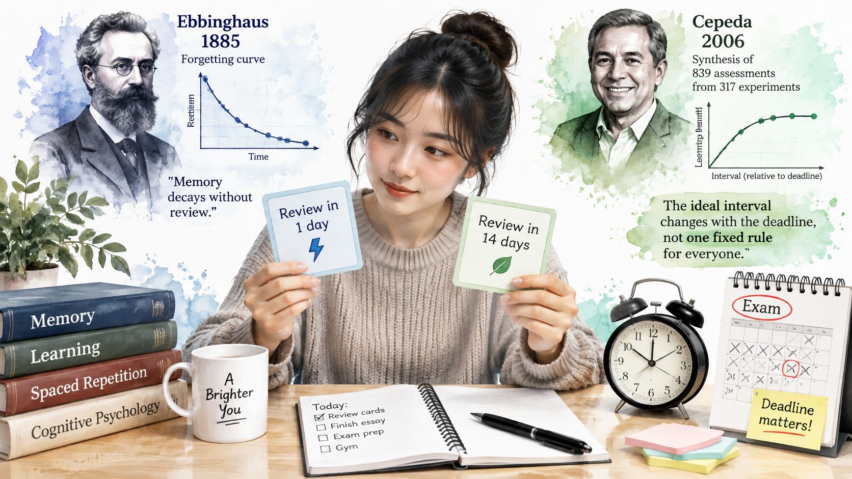 A student comparing Ebbinghaus forgetting curve and Cepeda learning theories with flashcards while preparing for an exam.