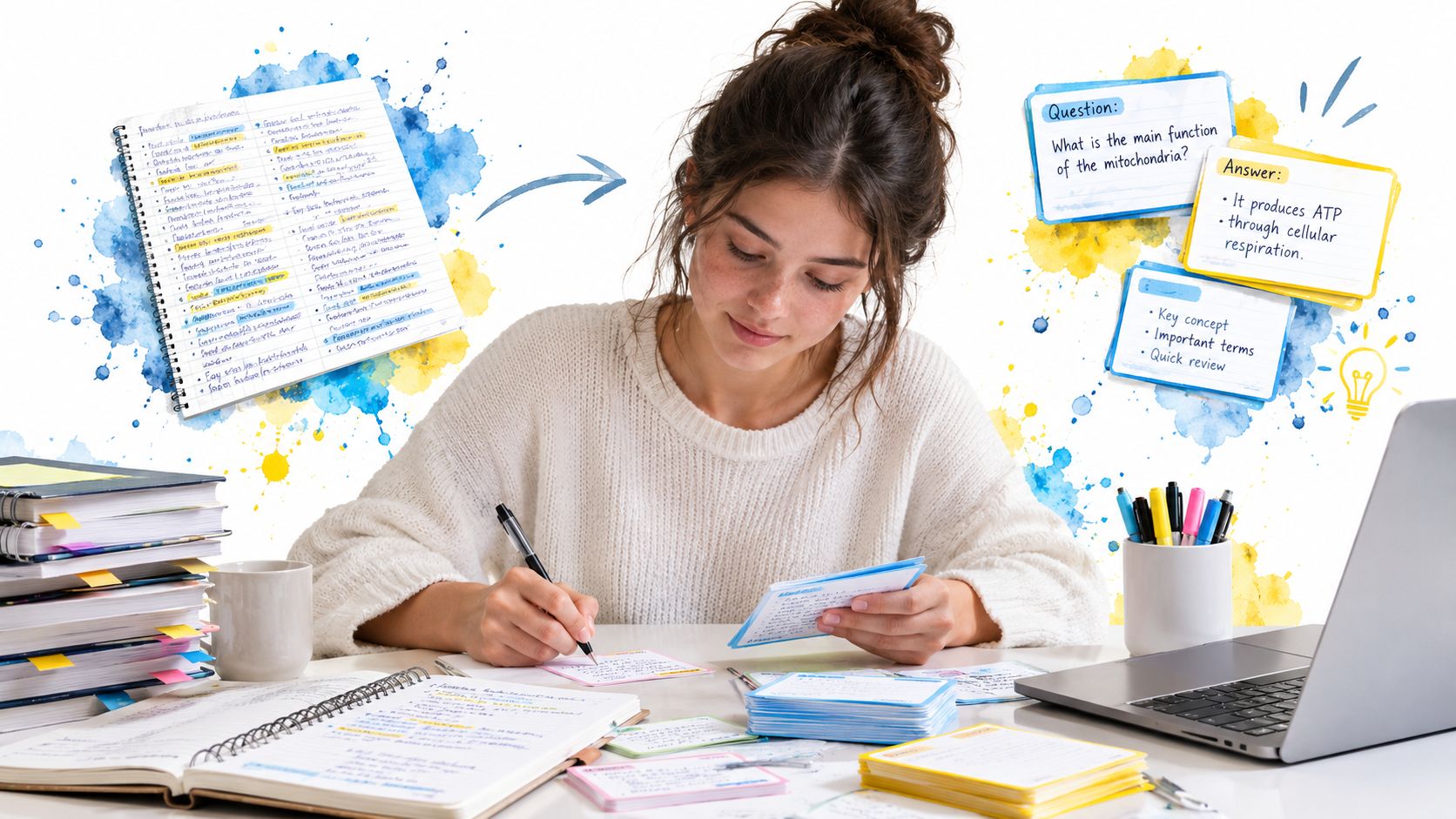 A young student sits at a desk, focused on writing study notes while surrounded by textbooks and flashcards.