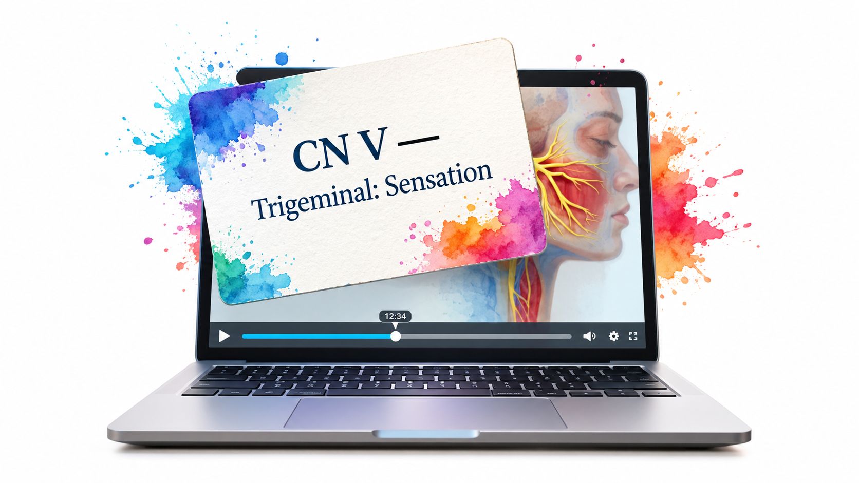 A laptop screen displaying a digital flashcard about CN V Trigeminal nerve sensation with anatomical illustrations.