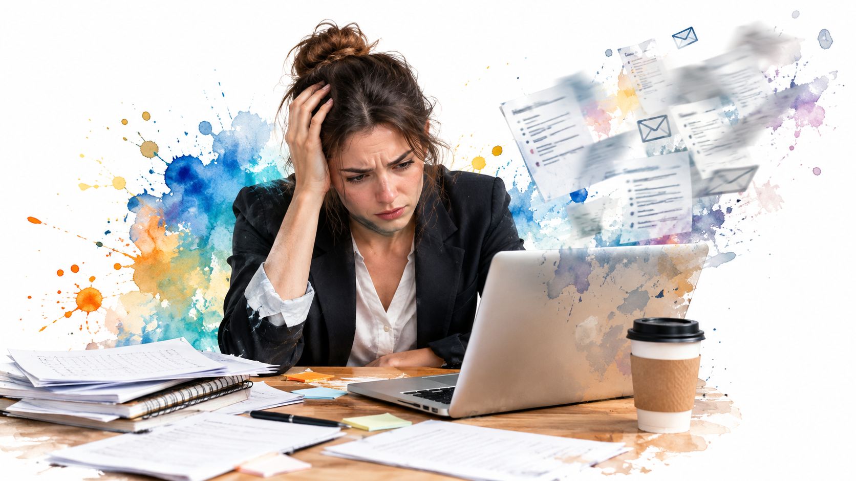 A stressed woman sitting at a messy desk working on a laptop surrounded by digital documents.