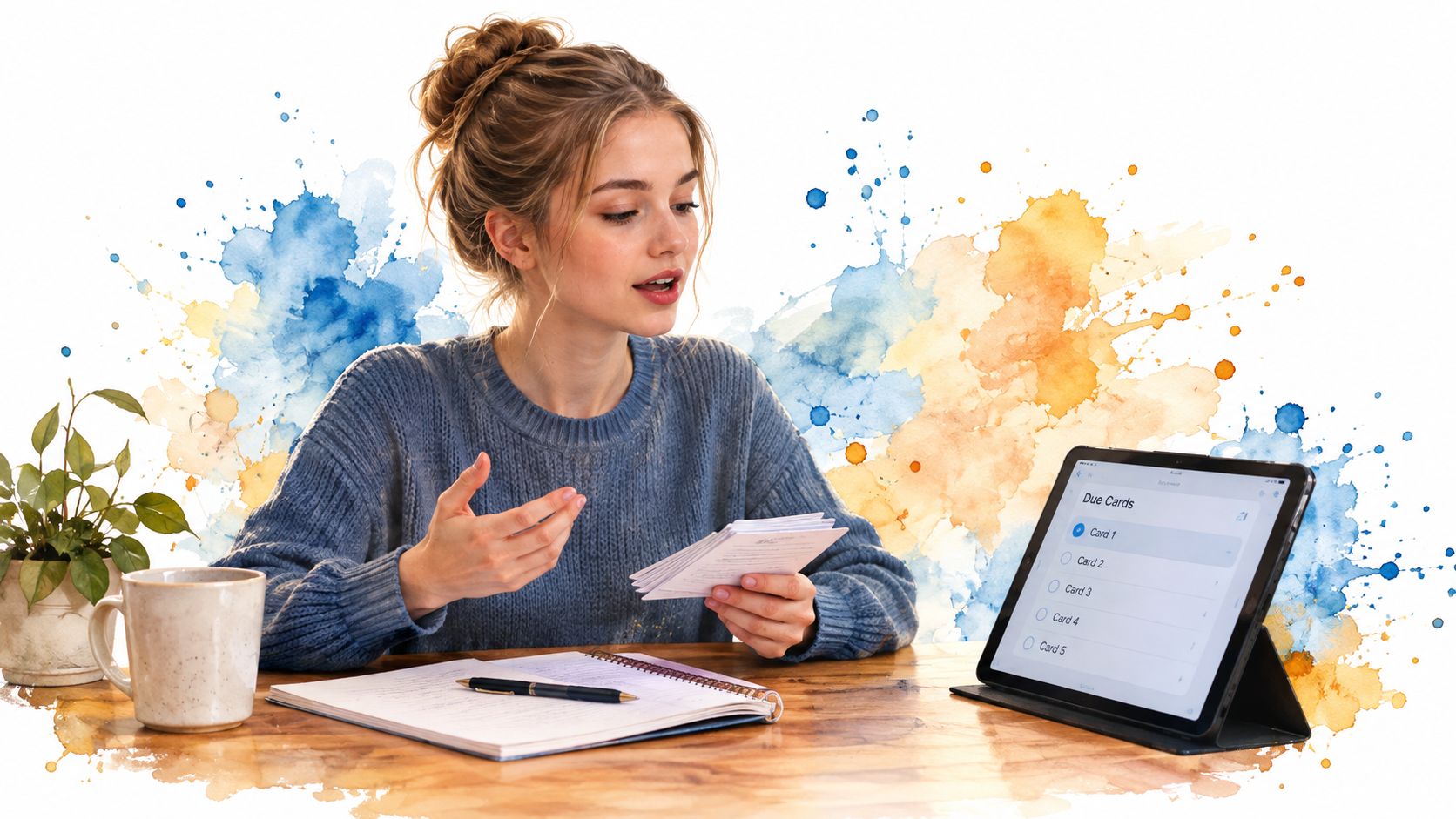 A young woman sitting at a wooden desk with a coffee mug and tablet, studying using flashcards.
