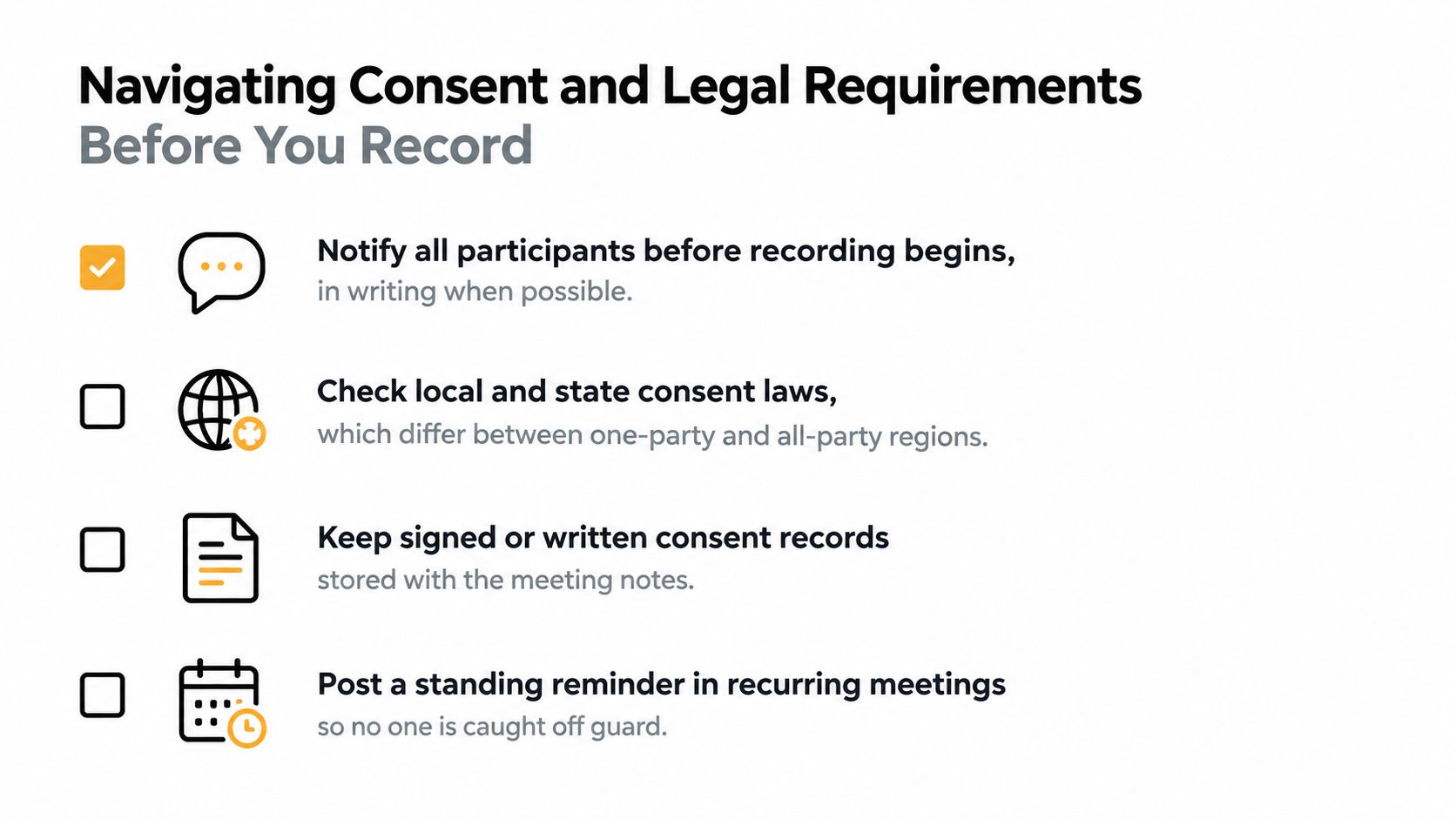 A checklist about navigating consent and legal requirements before recording professional meetings.