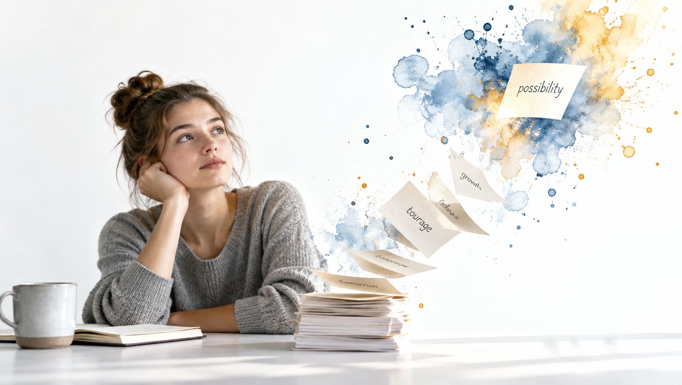 A young woman sits at a desk thoughtfully looking at floating cards representing ideas and growth.