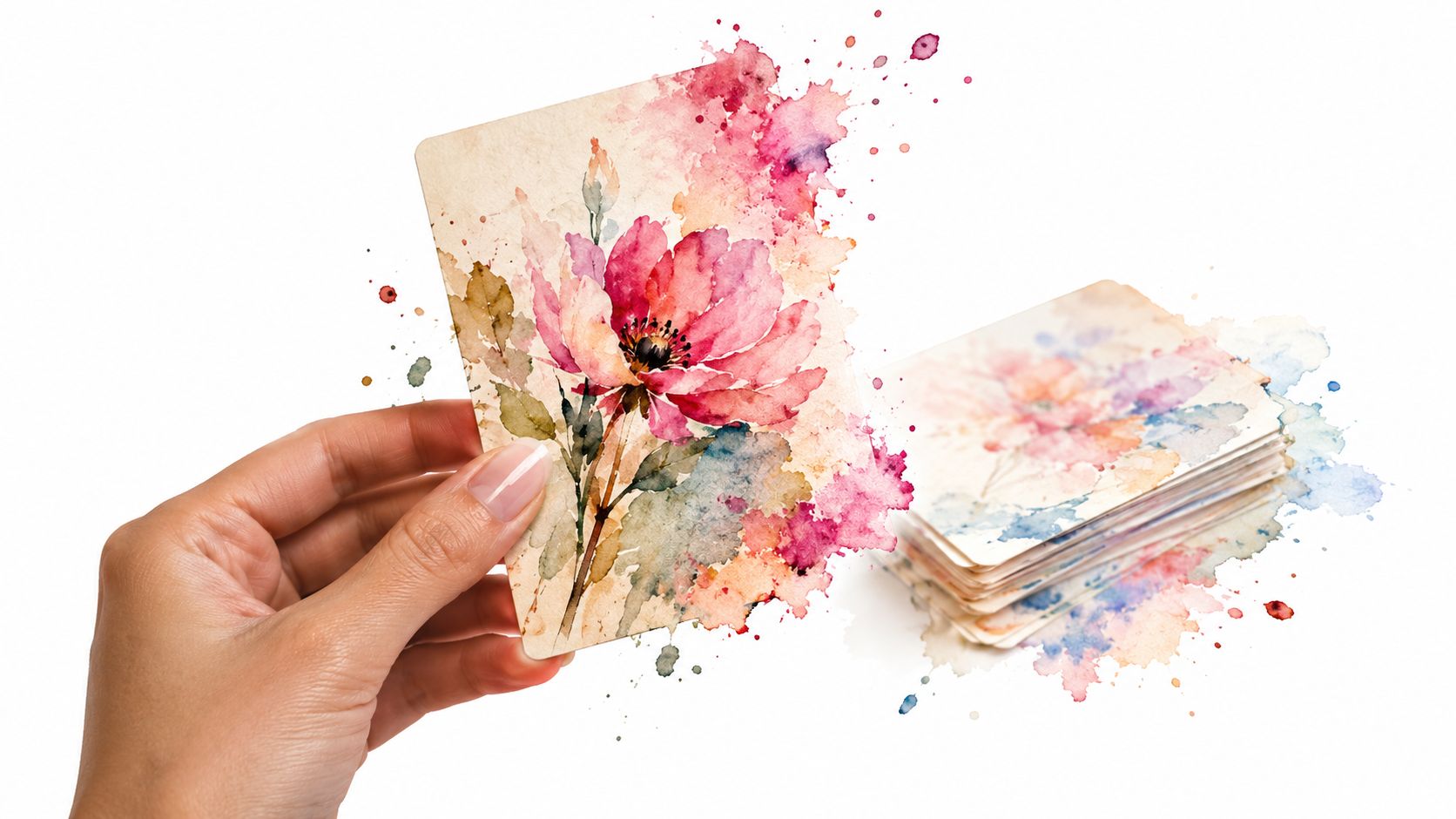 A hand holding a floral watercolor flashcard with a stack of similar cards resting on the surface.