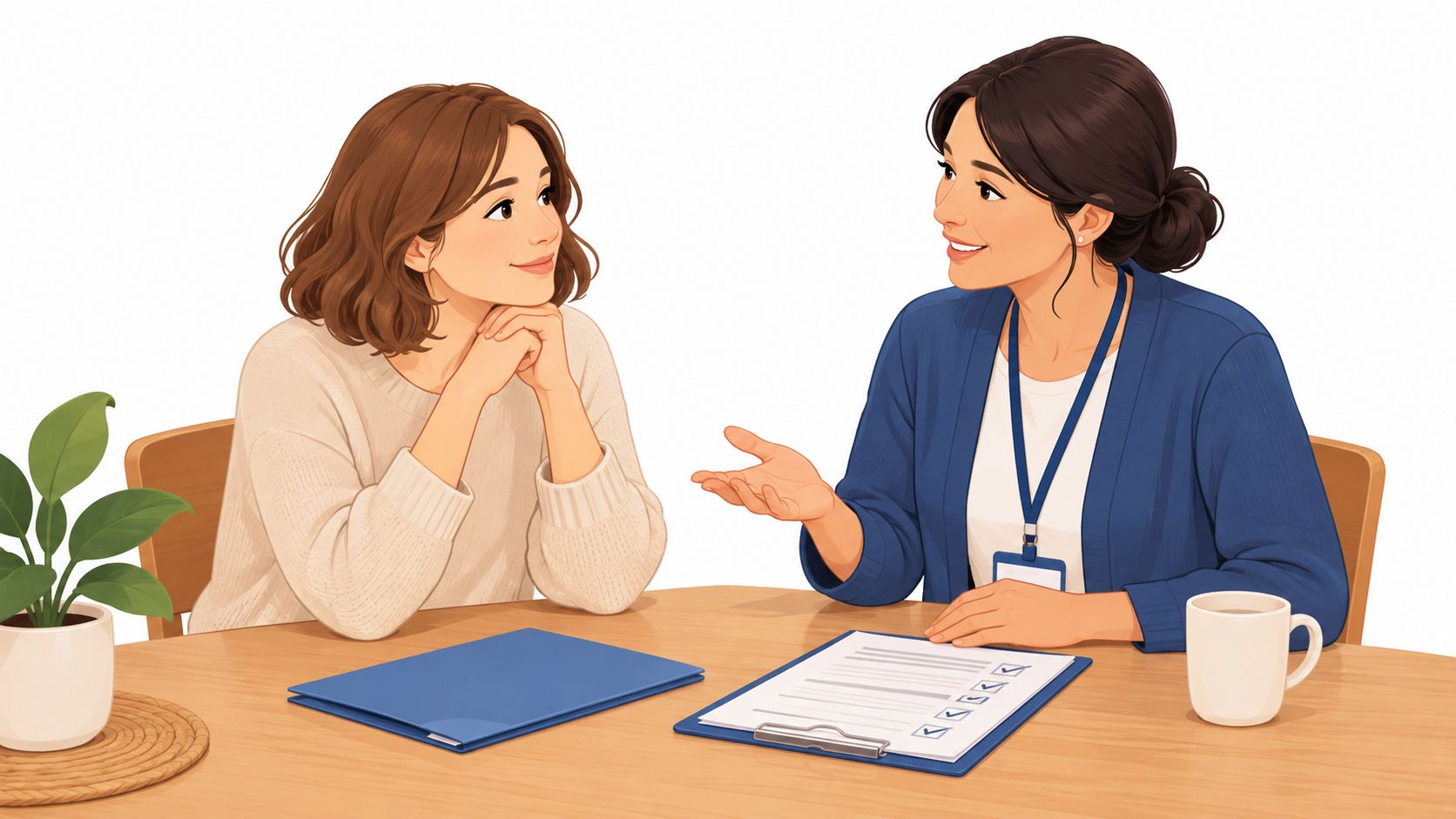 A social worker in a blue cardigan interviewing a woman during a professional consultation session at a desk.