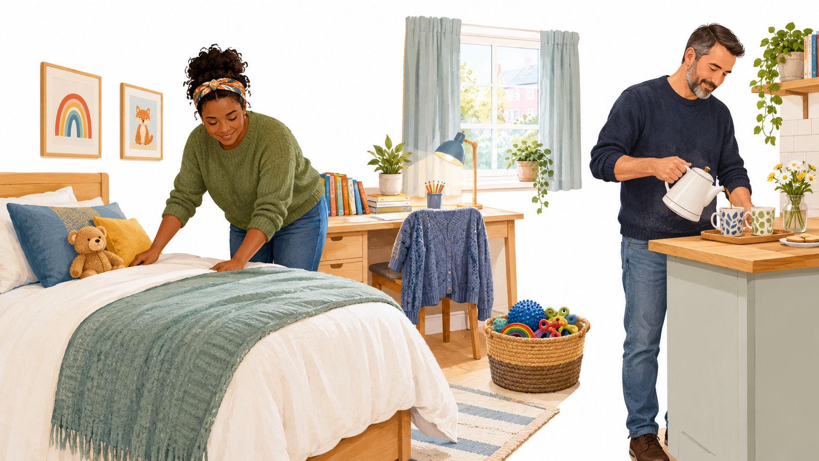A woman making a bed while a man pours tea in a cozy shared family bedroom space.