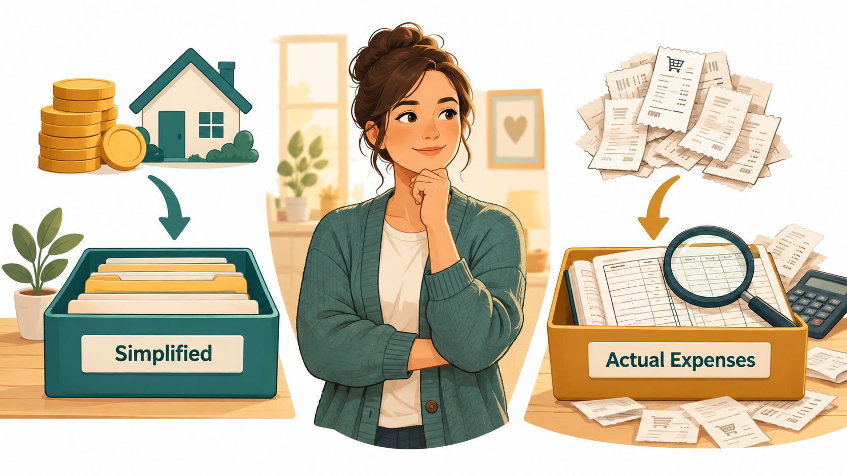 A young woman contemplating financial choices between simplified house allowances and detailed actual expense tracking with receipts.