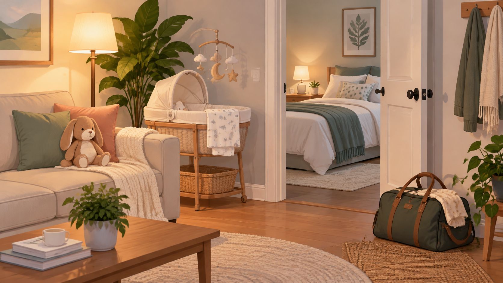 A cozy, warmly lit nursery setup with a bassinet, stuffed animal on a sofa, and an adjacent bedroom.