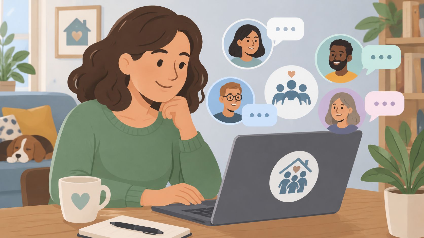 An adult using a laptop at home to connect with an online support community.