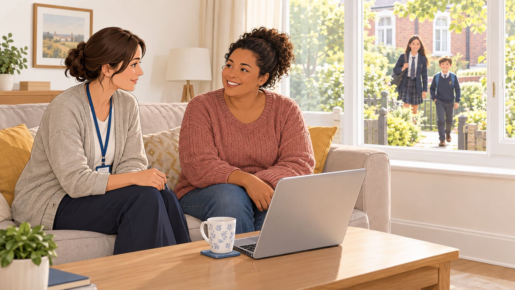 A social worker discusses foster care information with a mother while children arrive at the home.