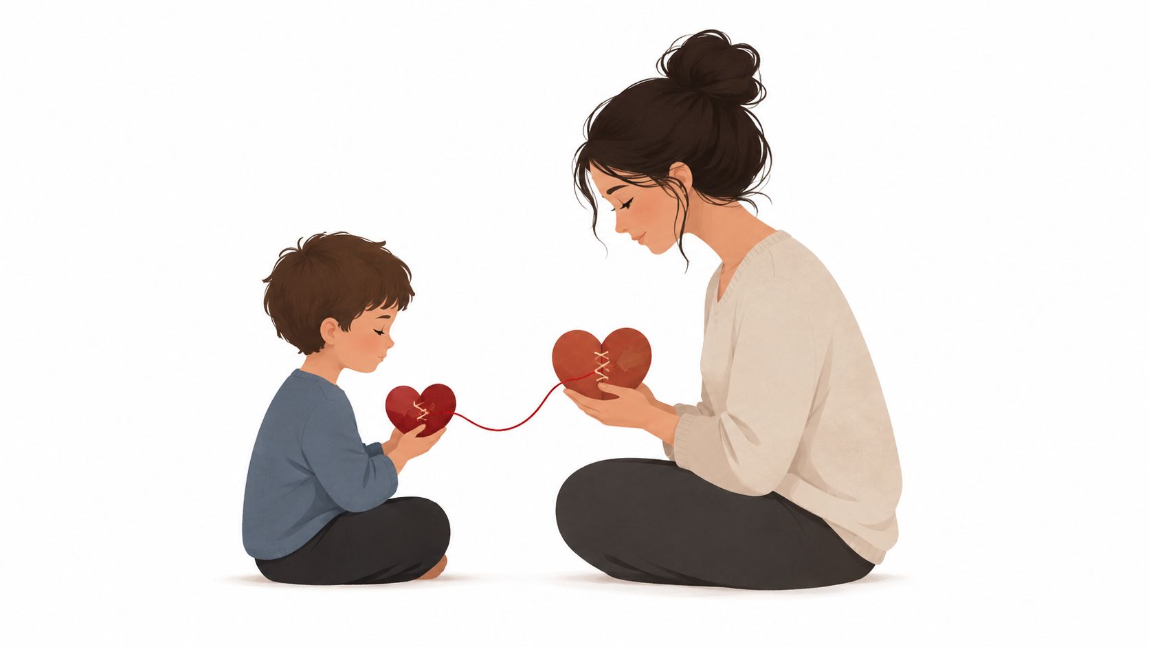 An illustration of a mother and child holding two mended hearts connected by a thin red thread.