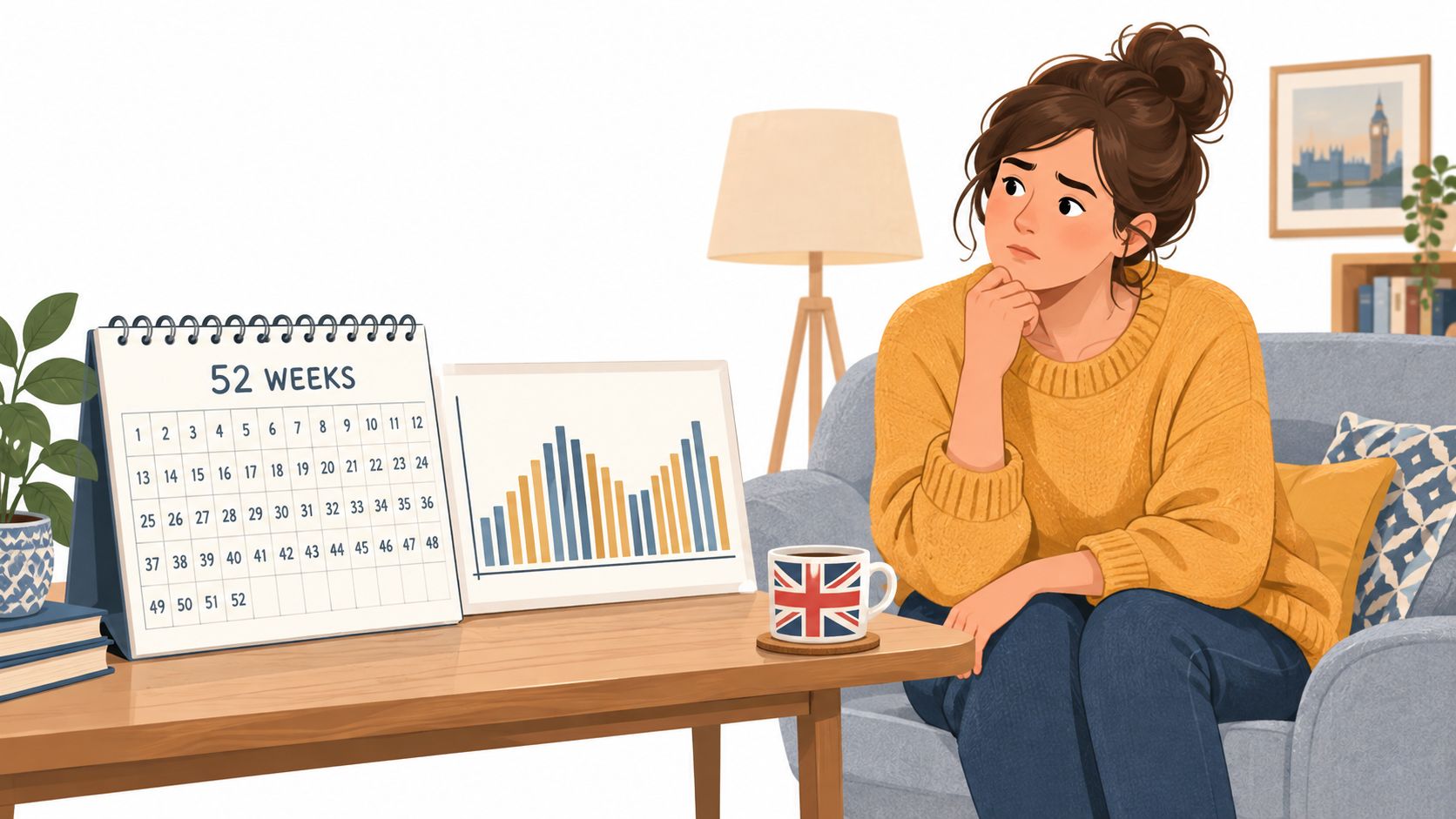 A pensive woman in a yellow sweater looking at a 52-week calendar and financial graph on a table.