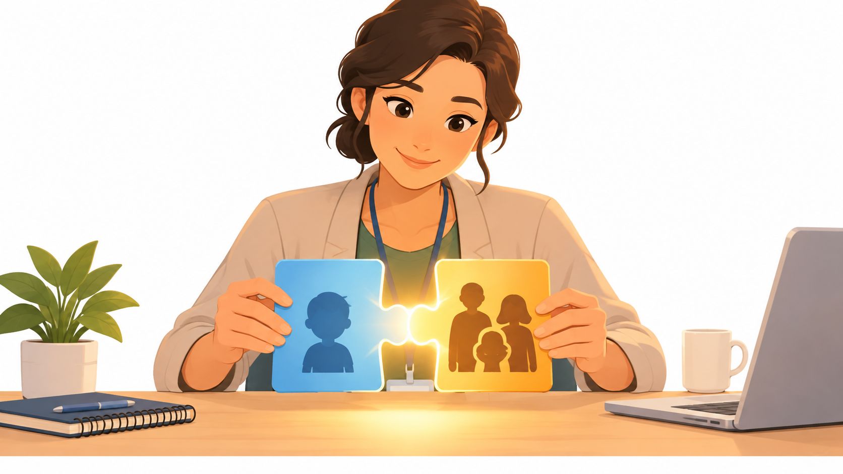 A professional woman connecting puzzle pieces representing a child and a family at her office desk.