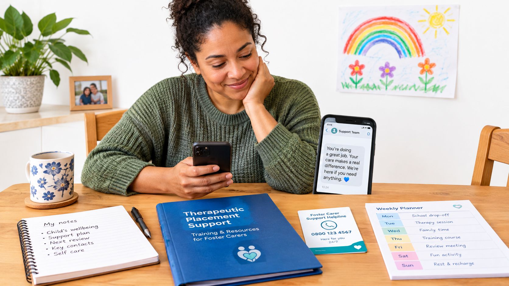 A woman looks at her phone while sitting at a table with foster care support materials.