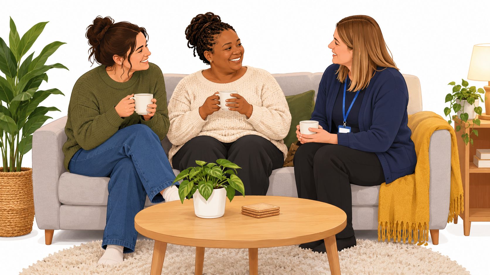 Three women sitting on a sofa in a cozy living room, drinking coffee and having a conversation.