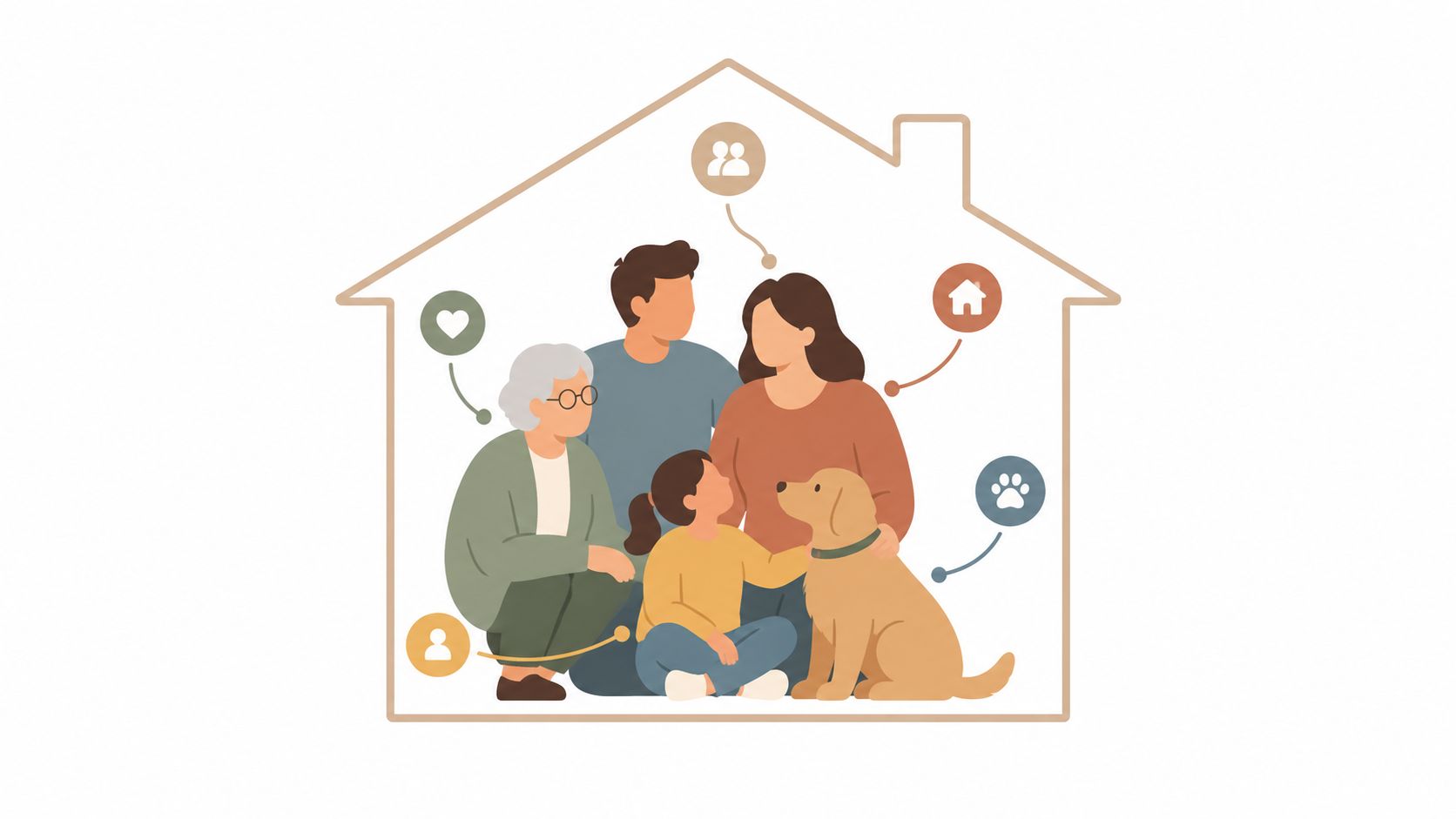 A diverse family including grandparents, parents, and a child with their dog inside a house outline.