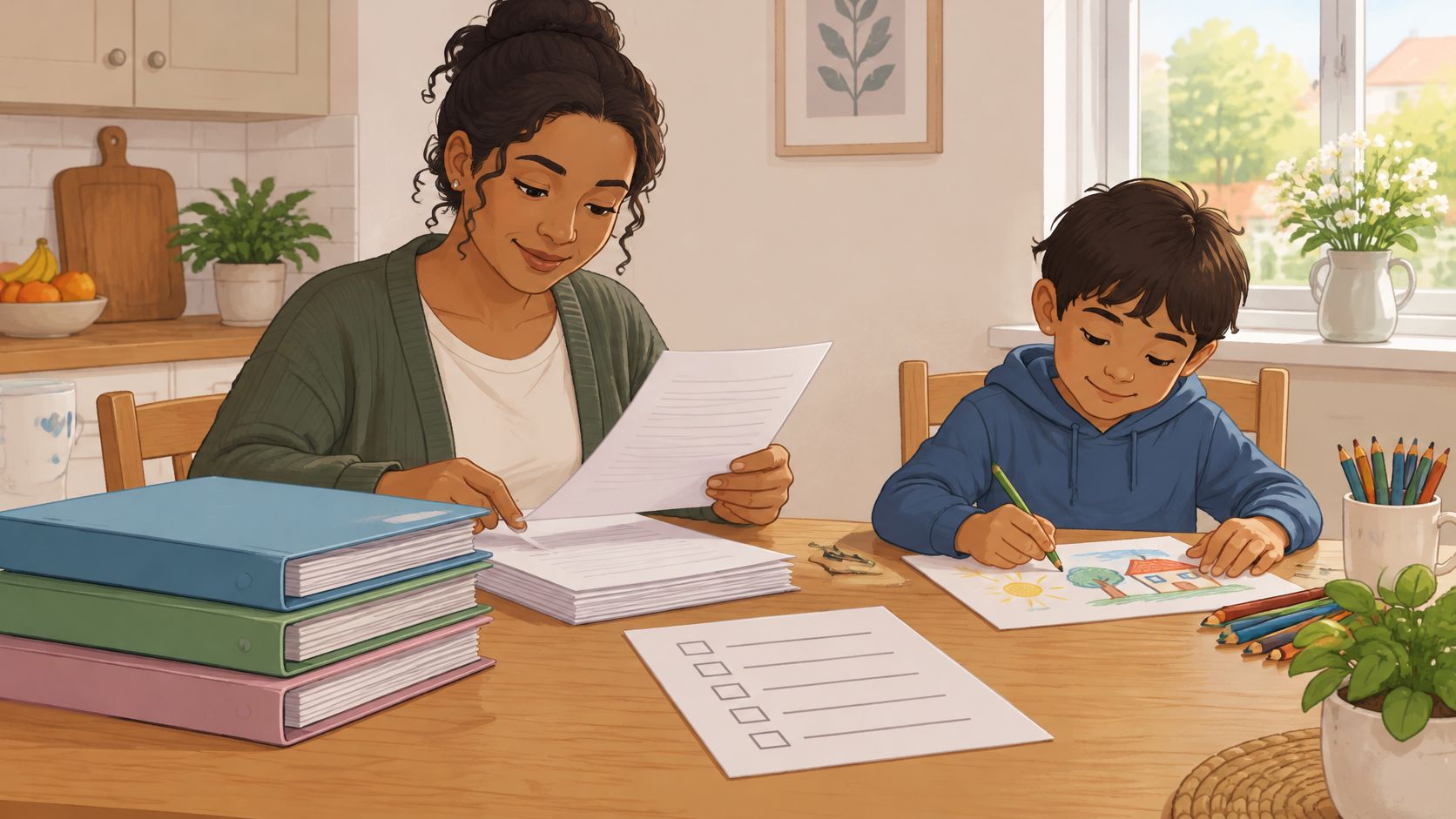 A nurturing woman and a young boy sitting together at a wooden table while engaged in learning