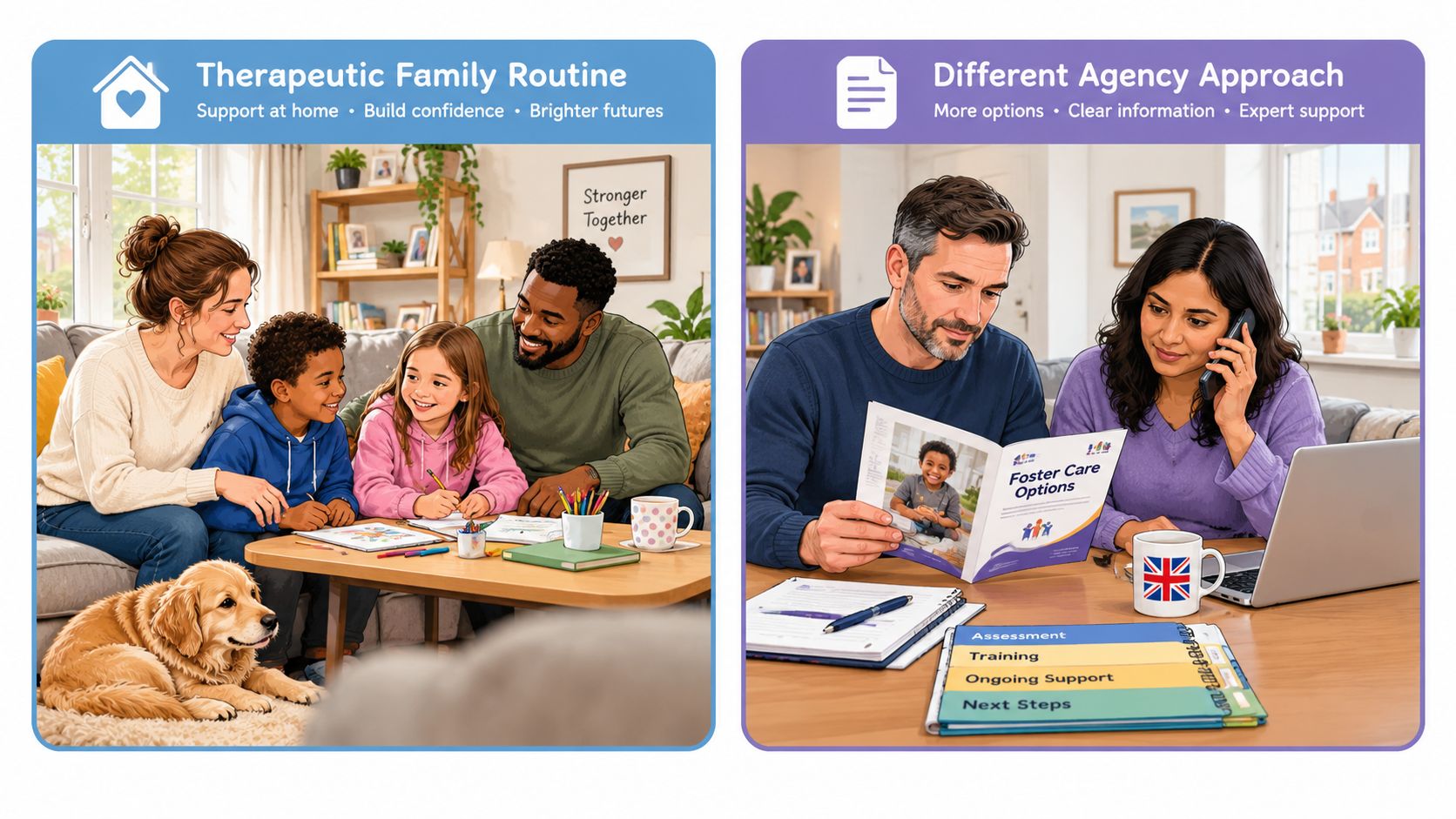 A split-screen illustration showing a happy family at home and parents reviewing foster care agency information.