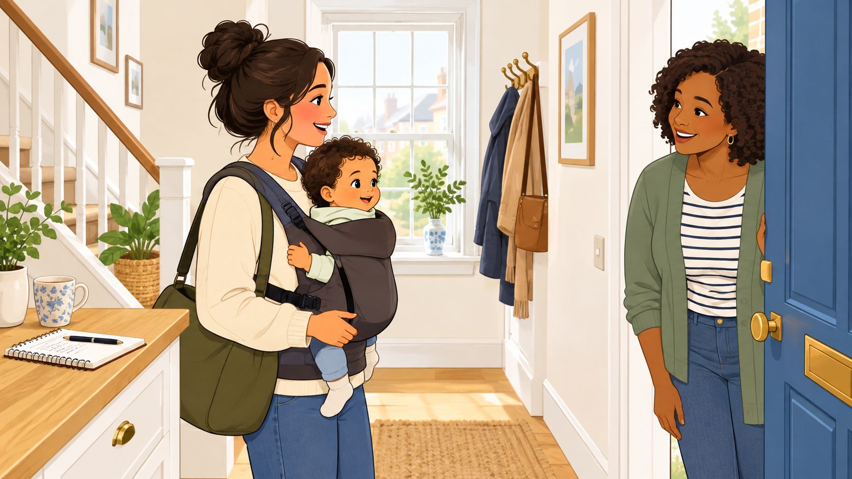 A woman carrying a baby in a carrier welcomes a friend at her front door at home.