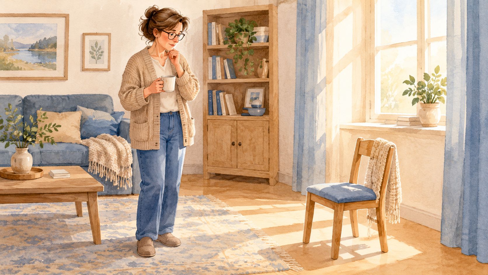 A woman stands in a sunlit living room holding a cup, reflecting on her peaceful day.