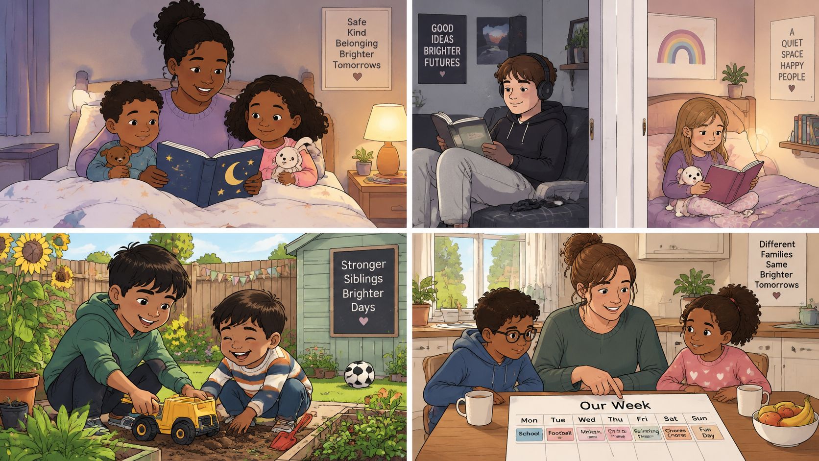 A collage showing diverse children and foster parents sharing daily activities like reading, playing outside, and planning their week.