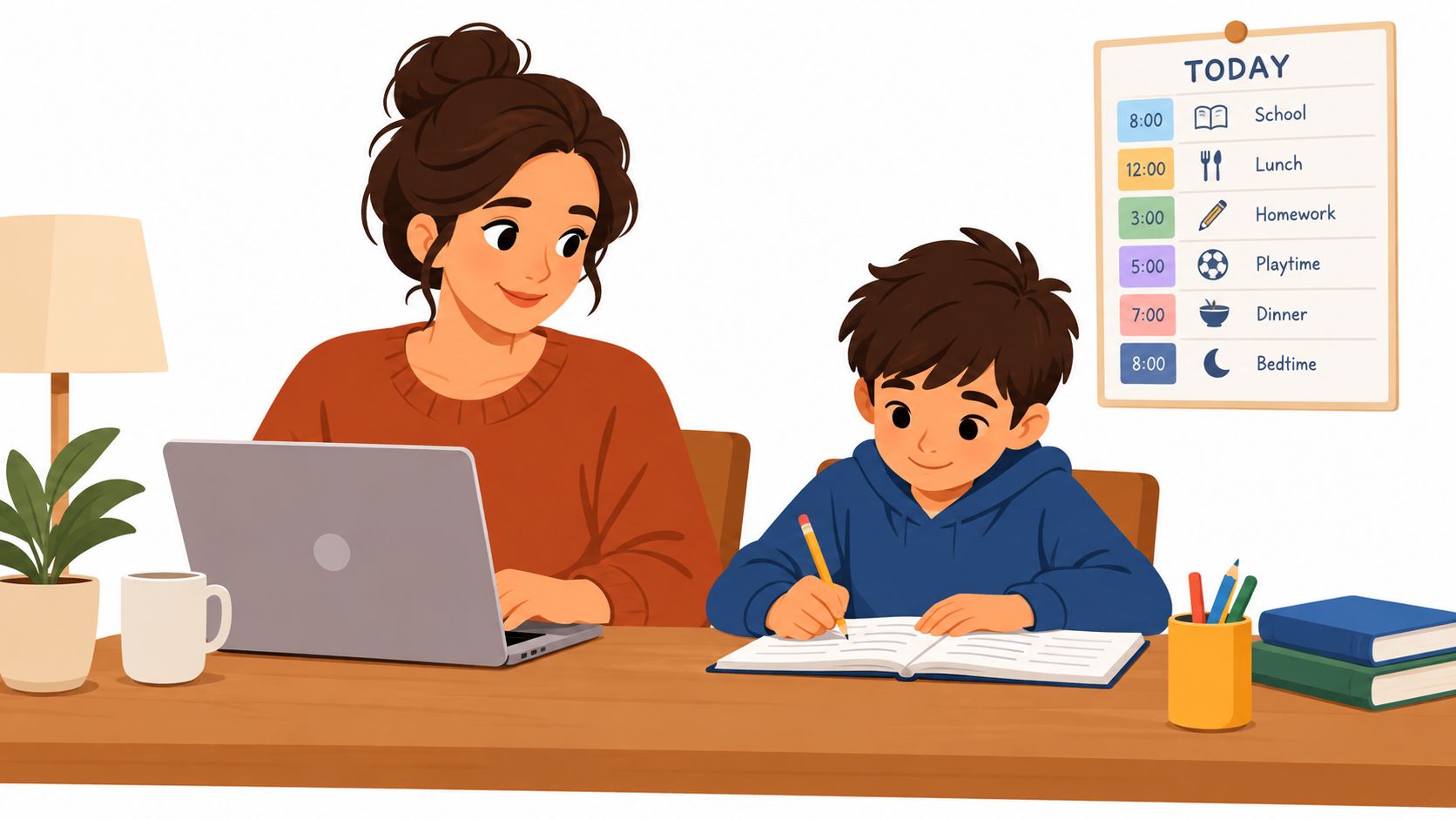 A woman working on a laptop while her young son does homework at a shared wooden desk.
