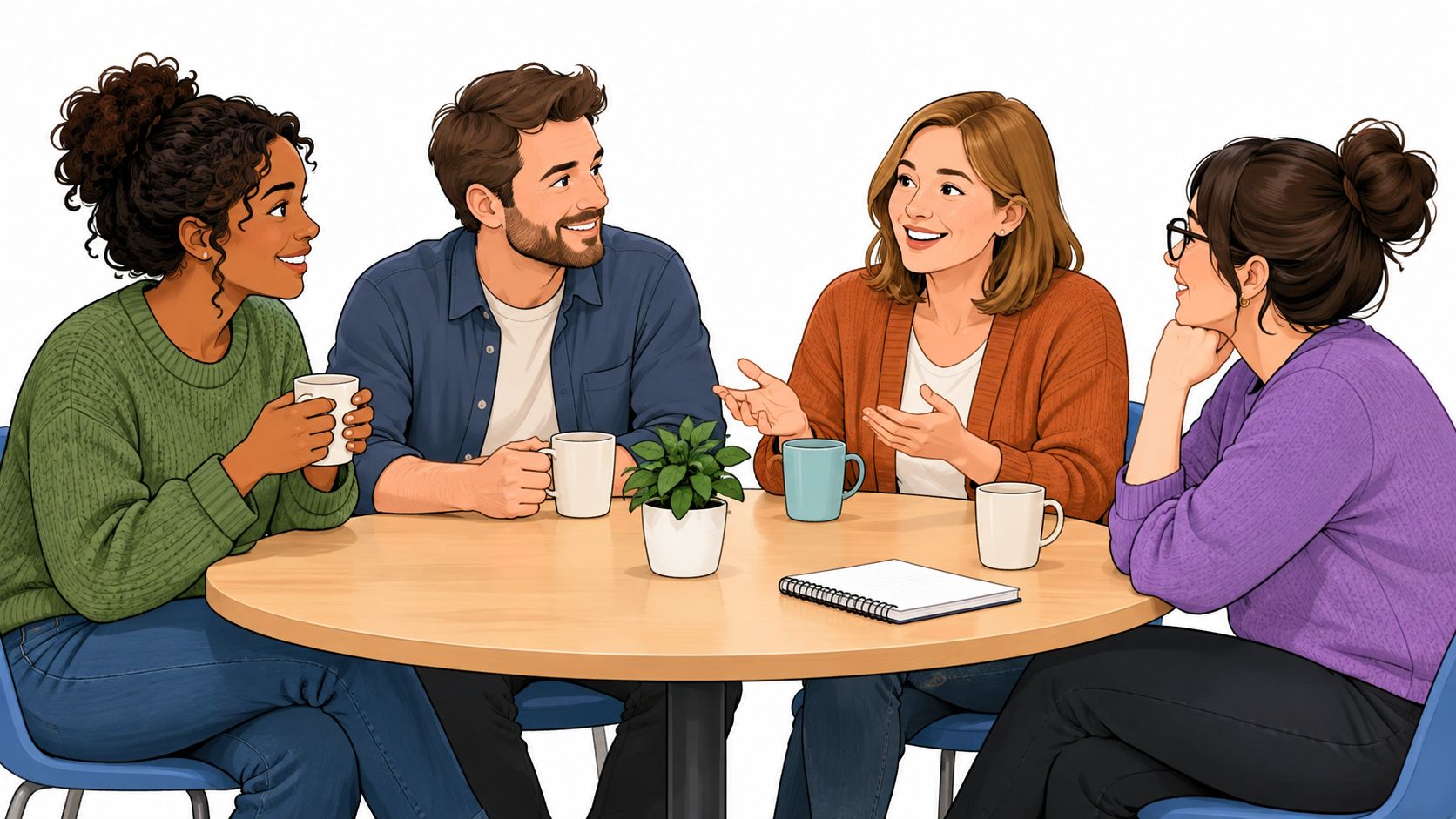 Adults discussing fostering around a table over coffee.