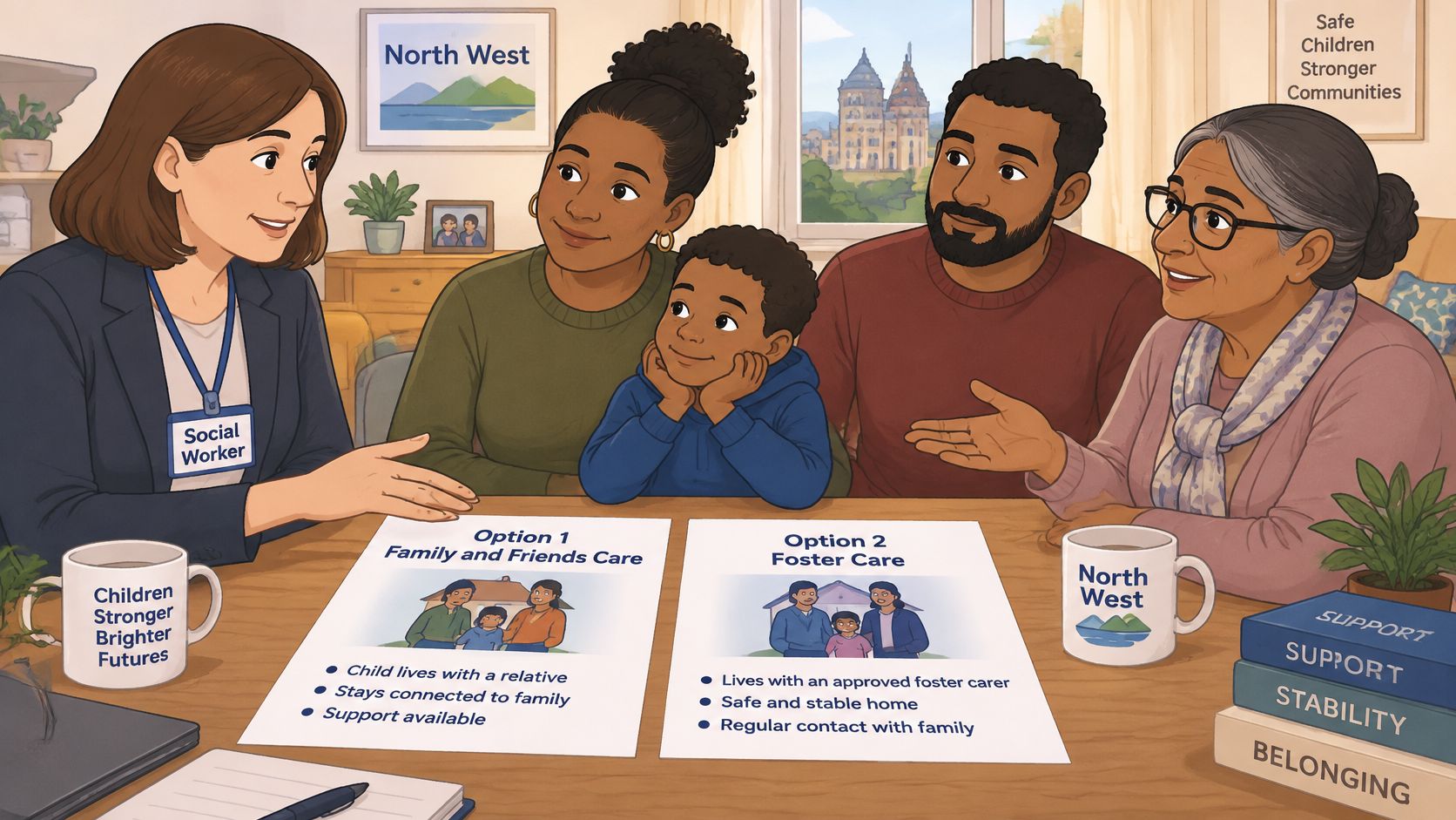 A social worker discusses foster care and family care options with a family at a table.