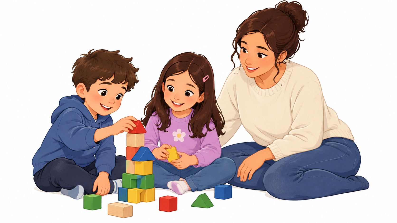 A kind foster carer smiles while playing with building blocks alongside a young boy and a girl.