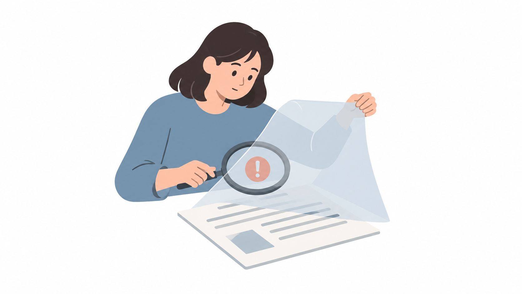 A person examining a document with a magnifying glass to find an error or important information