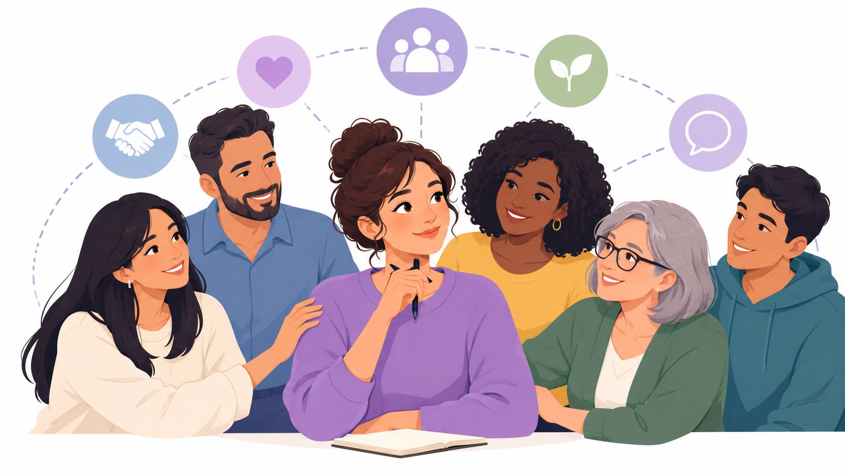 A diverse group of adults collaborating and connecting, representing community support and inclusive foster care environments.