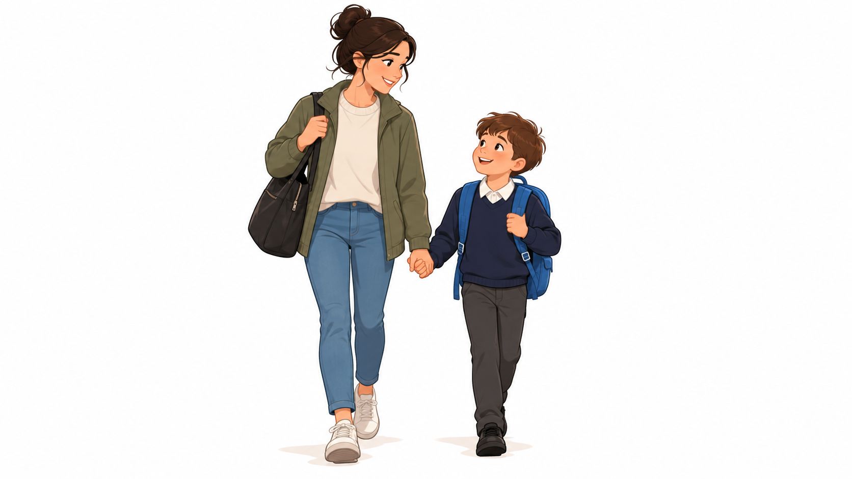 A caring mother walking her young son to school, holding hands and smiling warmly at each other.