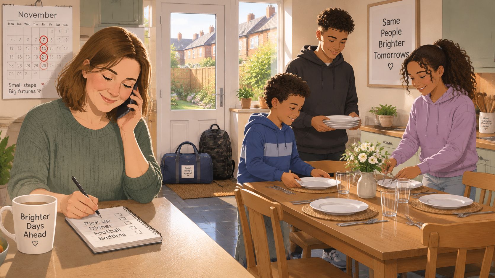 A mother busy with a to-do list while her children help set the dinner table at home.