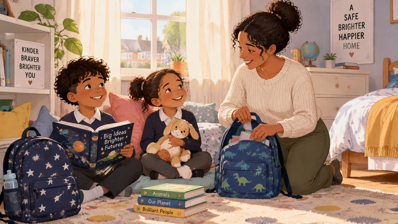 A warm, supportive foster parent helps two young siblings pack their backpacks in a sunny, cheerful bedroom.