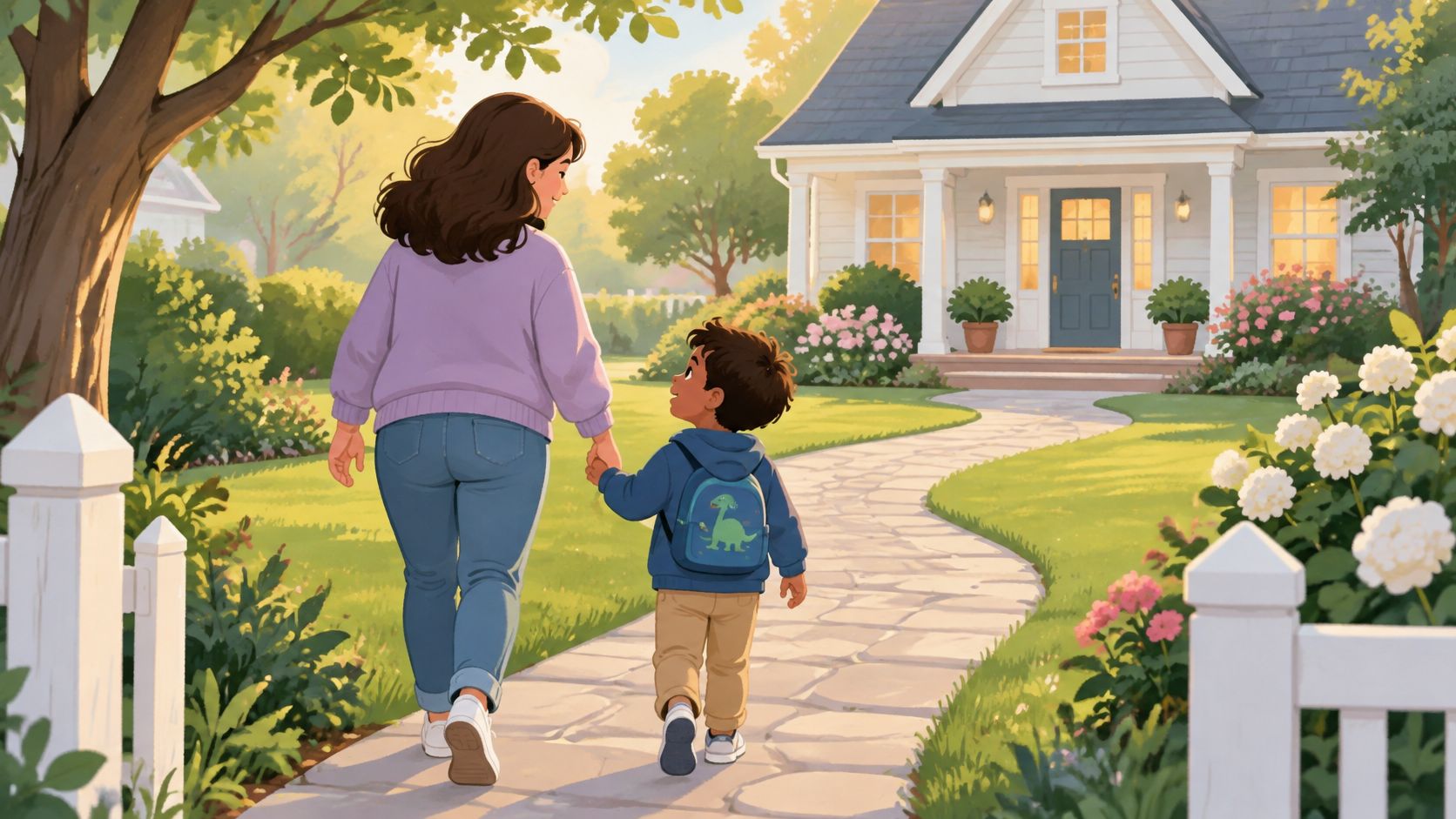 A mother and her young son with a backpack walking home together on a sunny path.
