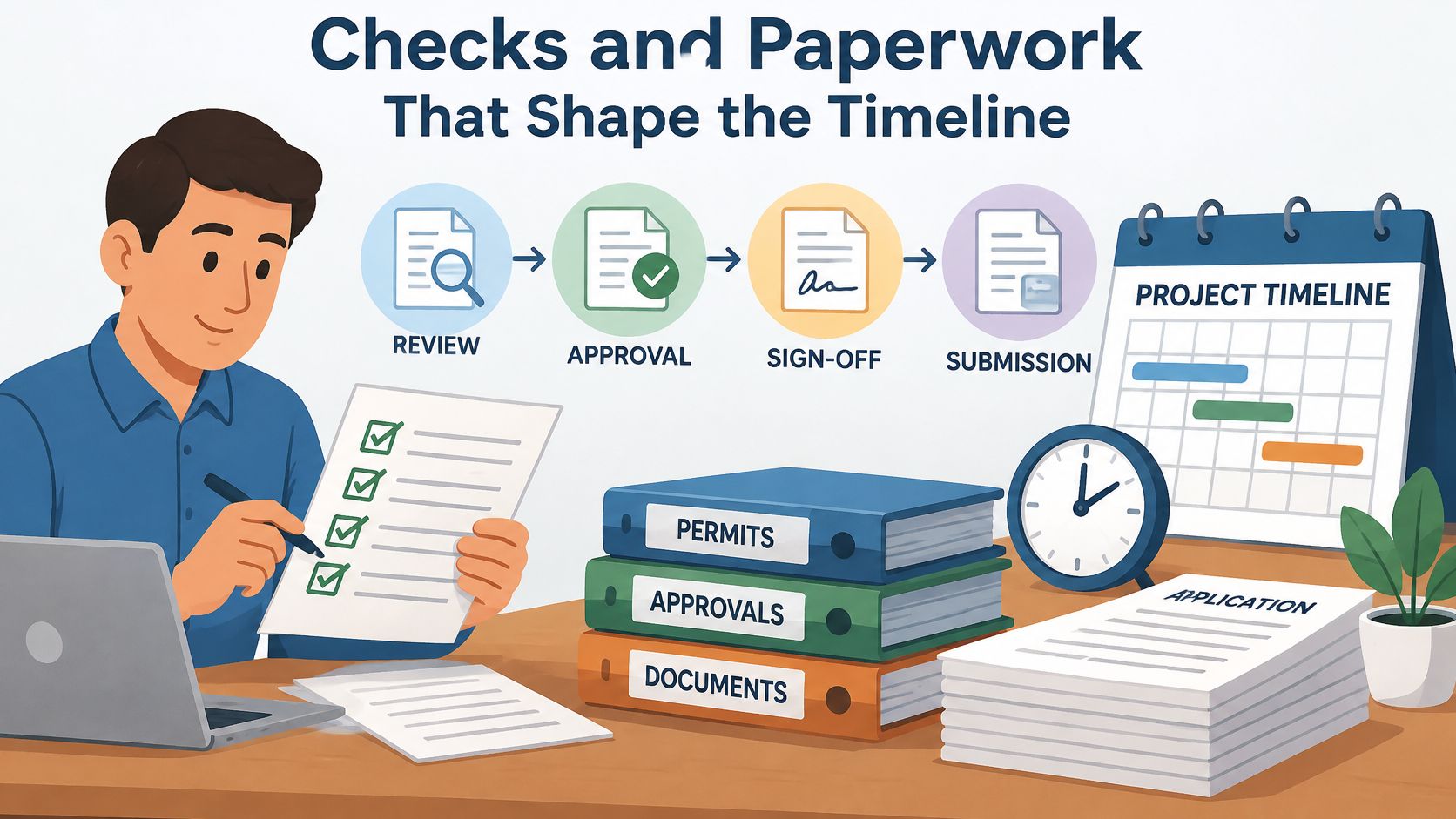 A person checking off documents next to binders and a project timeline on a desk.