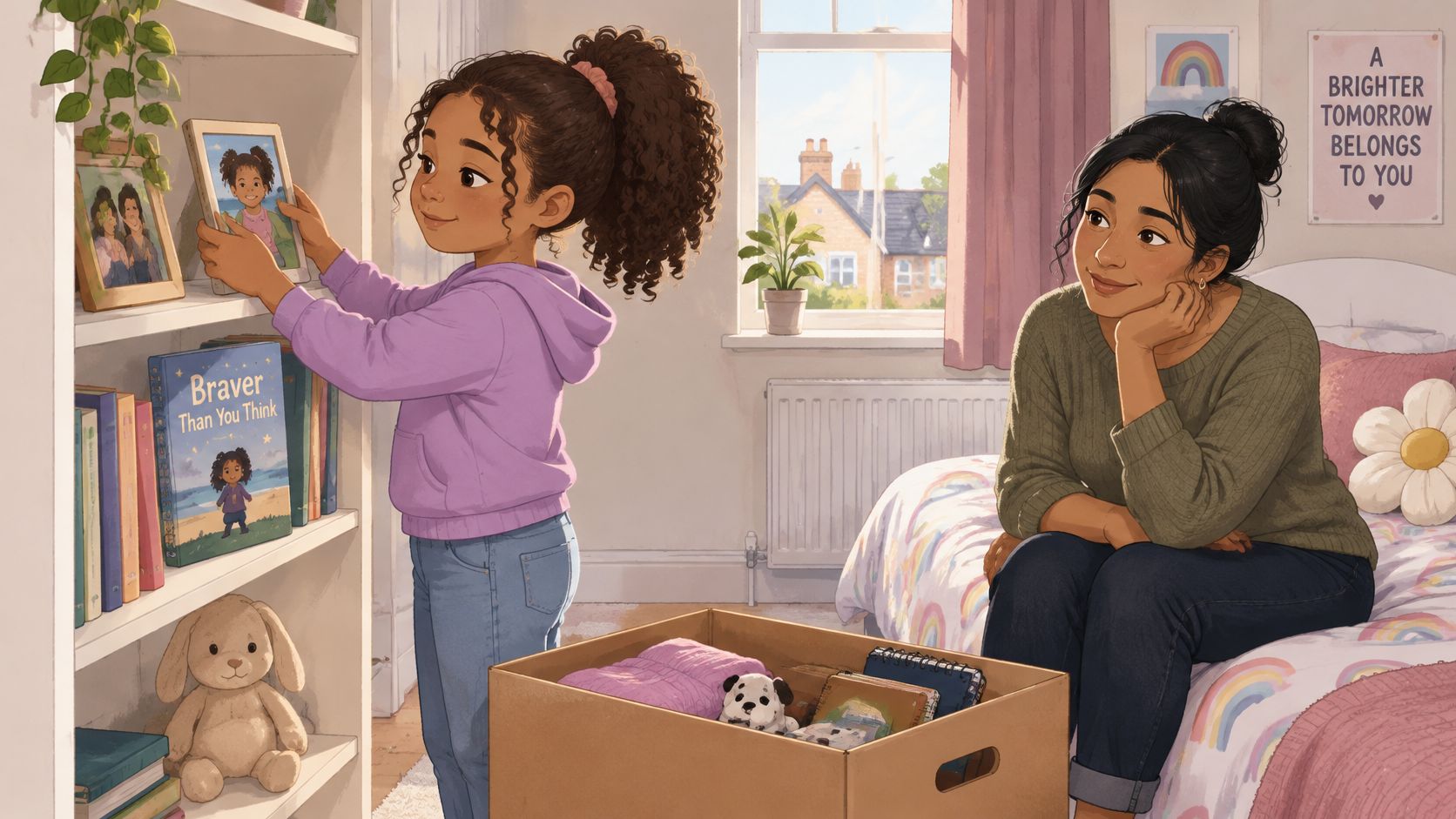 A young girl with curly hair arranging family photos with her foster mother in her new room.