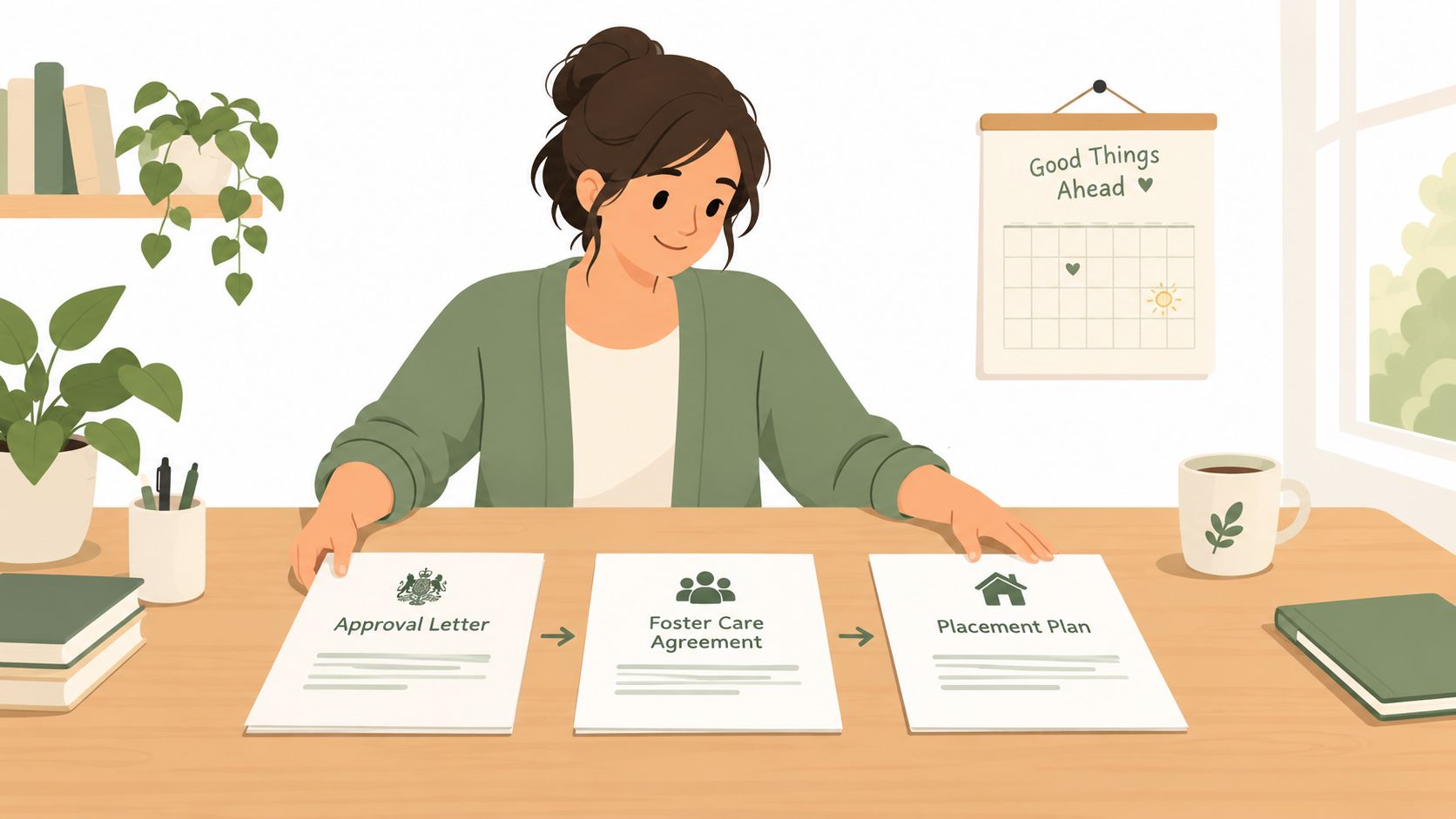 A woman reviewing documents titled Approval Letter, Foster Care Agreement, and Placement Plan at a desk.