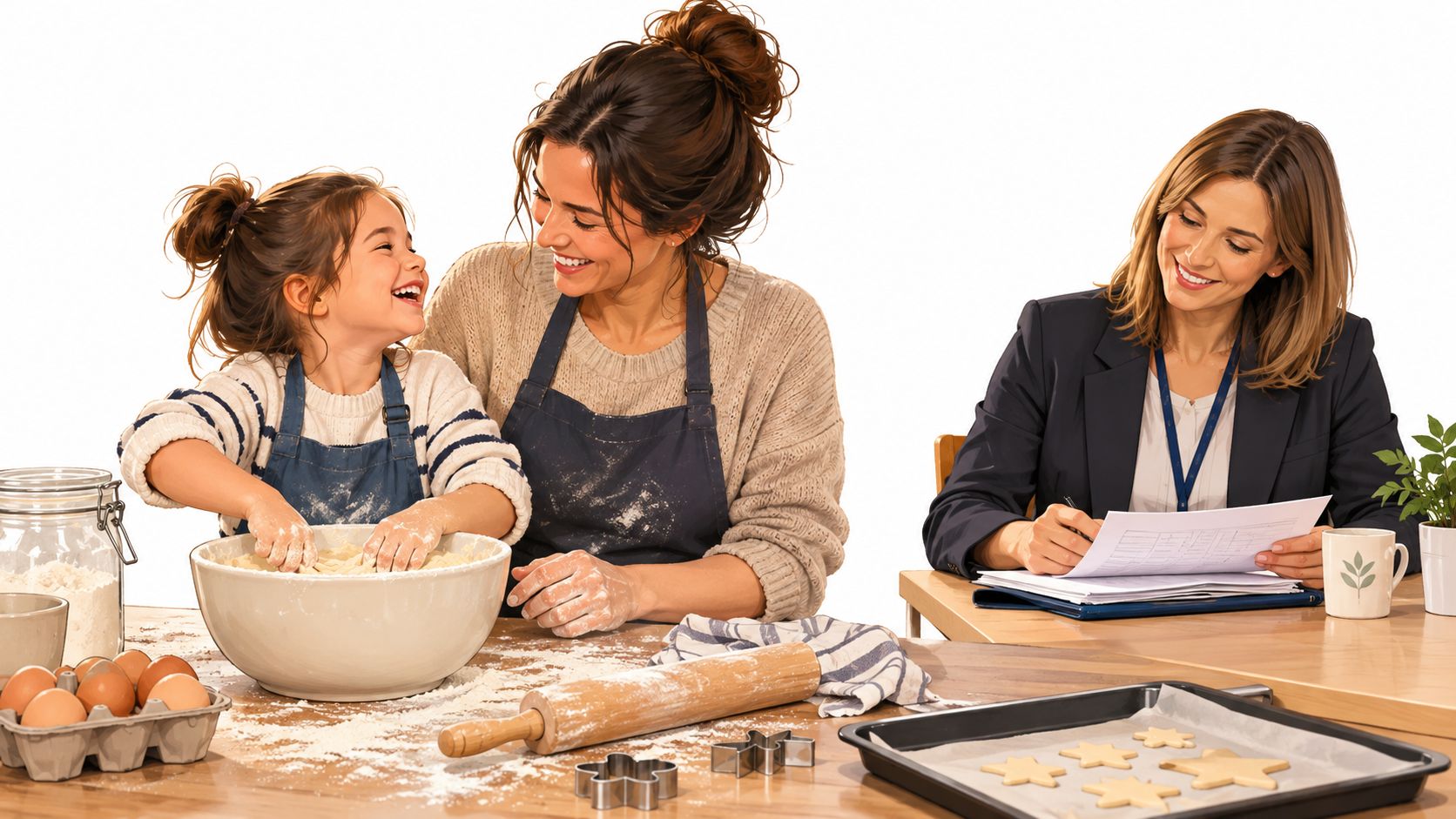 A social worker observes a foster parent and child happily baking together in a warm kitchen setting.
