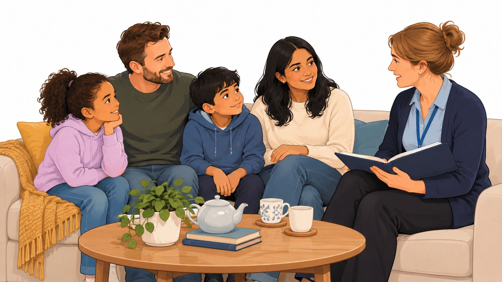 A social worker sits on a couch reading a book to a family with two children.
