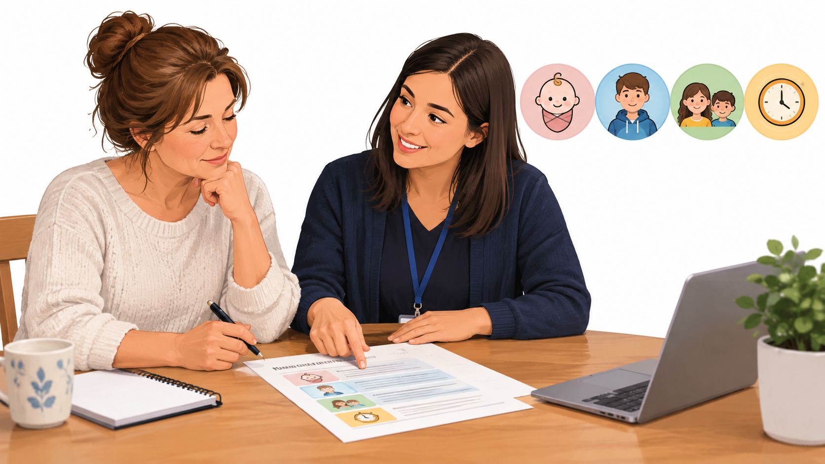A social worker assisting a woman with paperwork while discussing child development and foster care planning.
