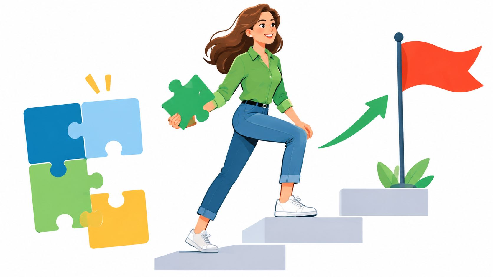 A woman carrying a puzzle piece walks up stairs toward a flag, representing progress and goal achievement.