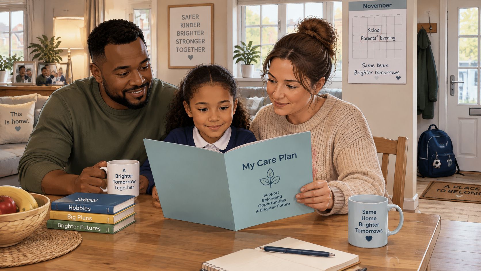 A happy foster family sits together at a table reading a My Care Plan document together.