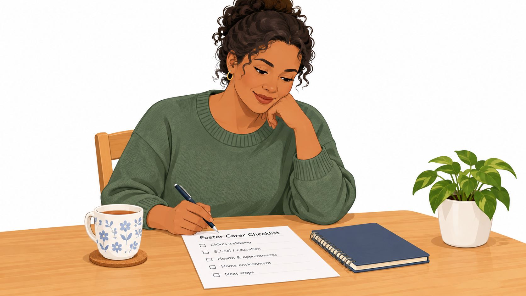A woman sits at a wooden desk with a coffee mug and notebook, filling out a foster carer checklist.