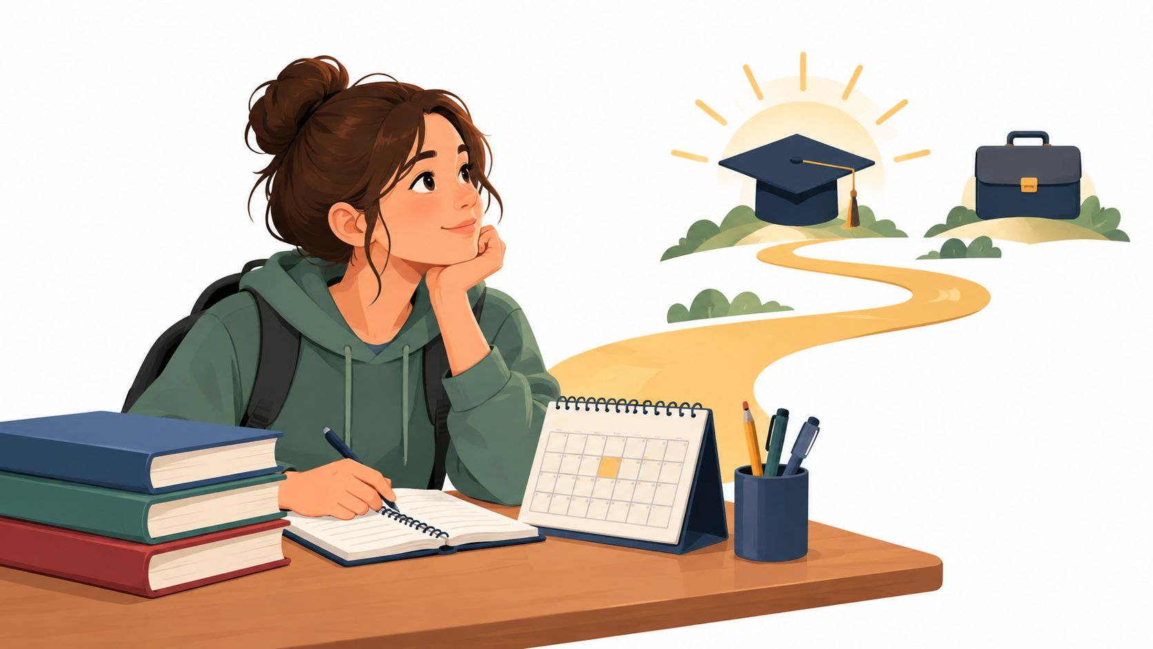 A student girl studies at a desk while dreaming of her future education and professional career goals.
