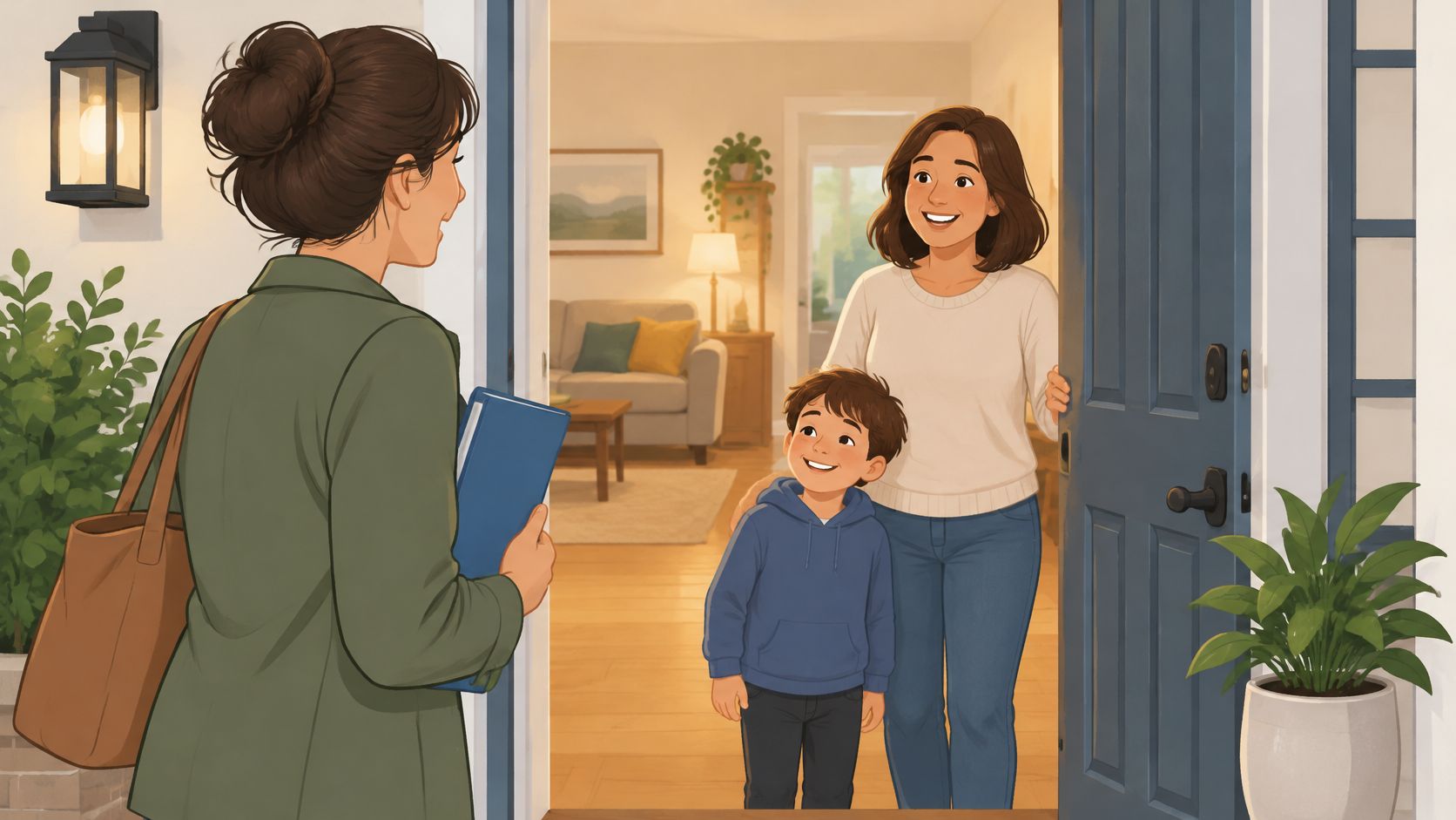 A social worker arriving at a family home to visit with a smiling mother and her child.